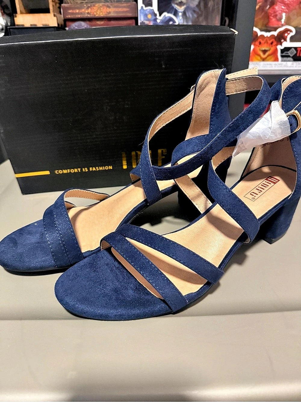 IDIFU Women's Block Low Chunky Heel Strappy Sandals Blue US 9